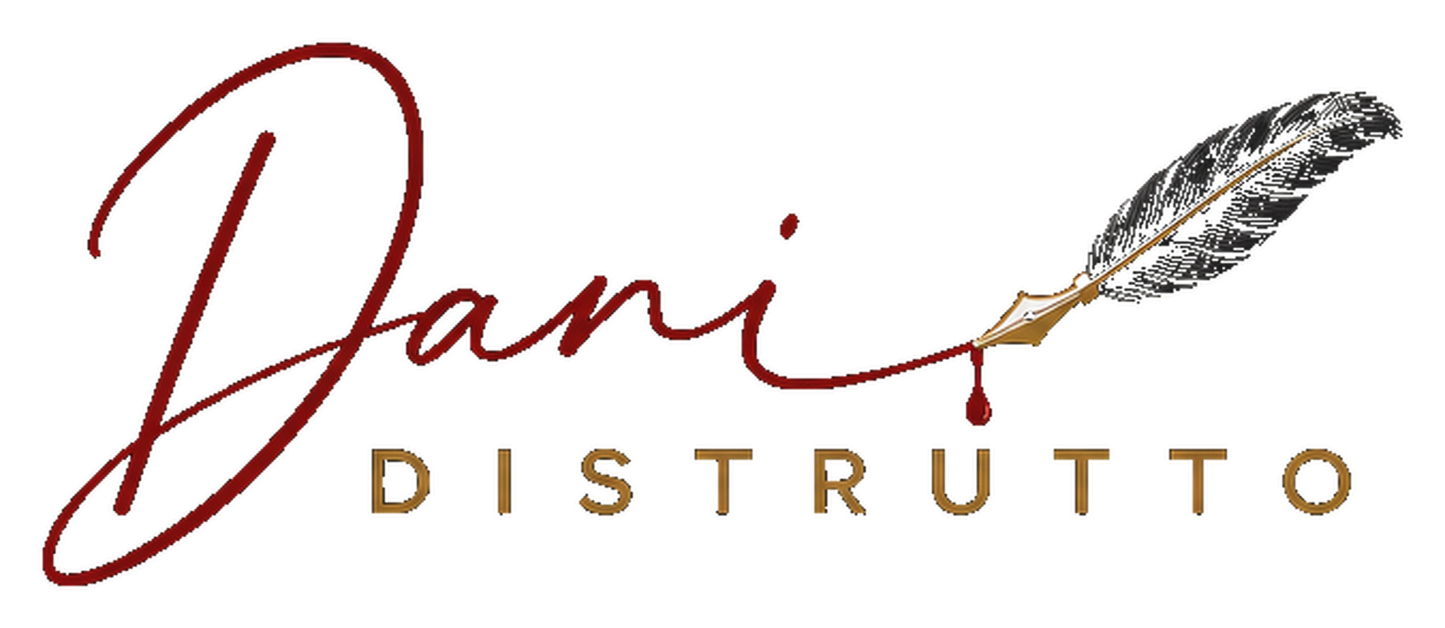 Dani Distrutto author logo in oxblood and antique gold with a feather quill